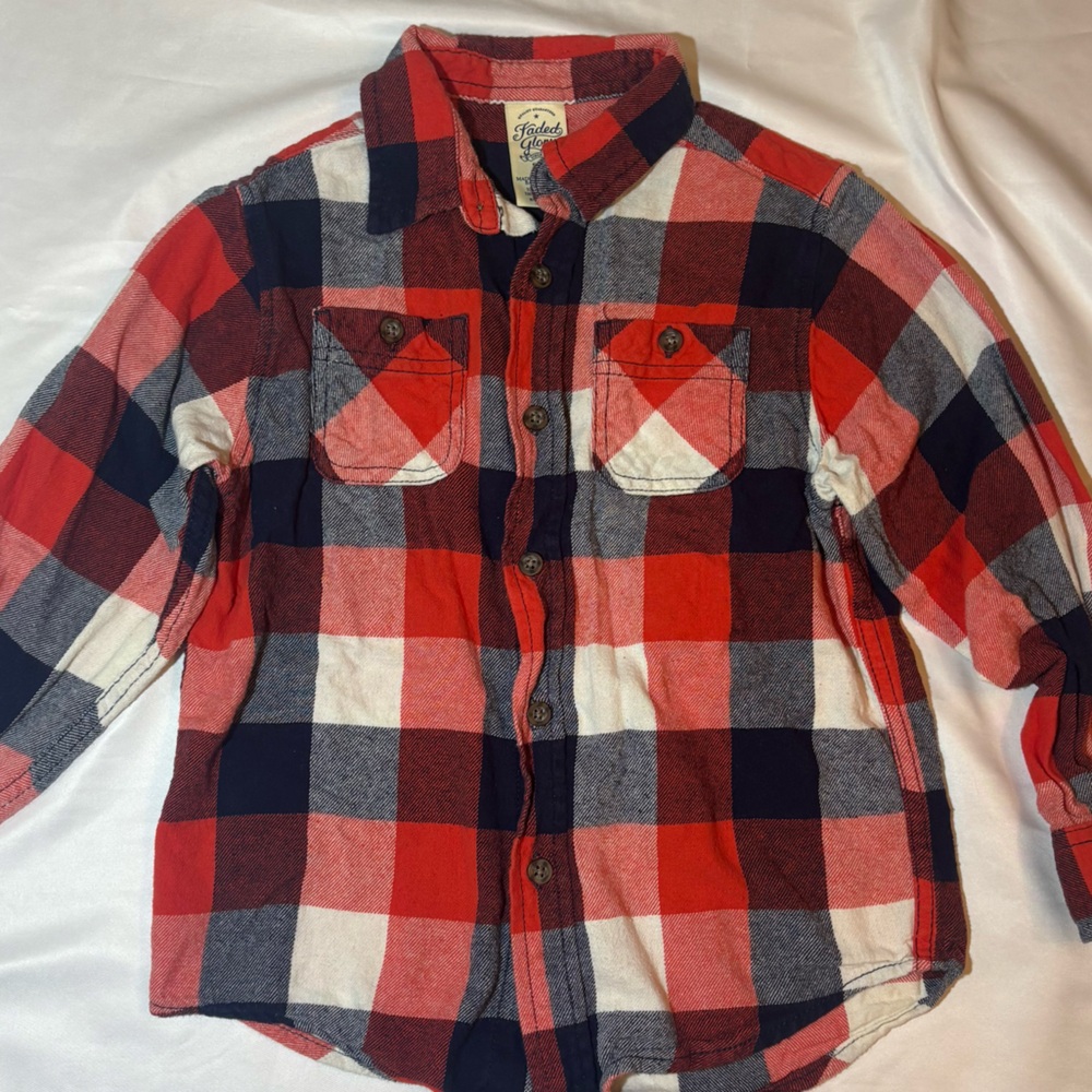 Faded Glory Boys Small 6-7  Red Orange, White and Navy Plaid Kids Shirt